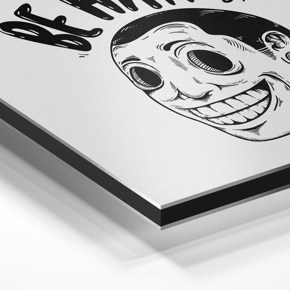 Gros plan de la matière : le tirage contrecollé sur aluminium Dibond mat, tranche visible.