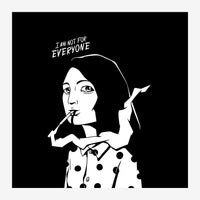 Portrait en noir et blanc d'une femme dessiné au trait fin, tenant une cigarette, vêtue d'une veste à pois, avec le texte «.