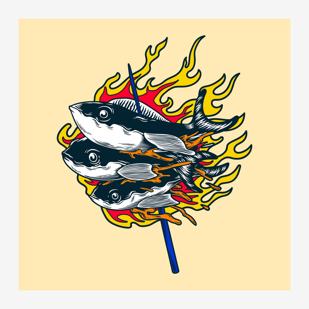 Illustration de trois poissons noir et blanc embrochés ensemble sur un bâton bleu, entourés de flammes rouges, jaunes et.