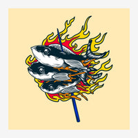 Illustration de trois poissons noir et blanc embrochés ensemble sur un bâton bleu, entourés de flammes rouges, jaunes et.