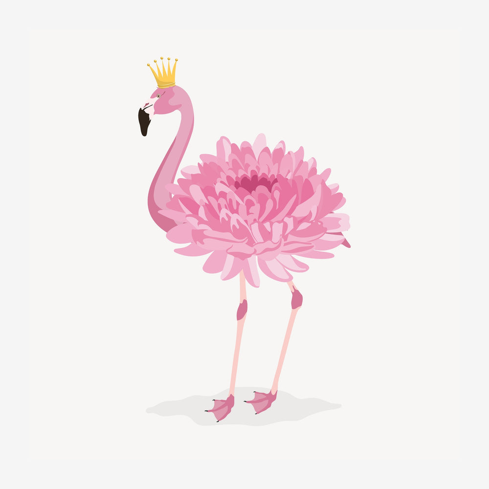 Illustration d'un flamant rose portant une couronne dorée, avec un corps transformé en fleur rose aux pétales généreux, sur.