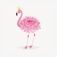 Illustration d'un flamant rose portant une couronne dorée, avec un corps transformé en fleur rose aux pétales généreux, sur.