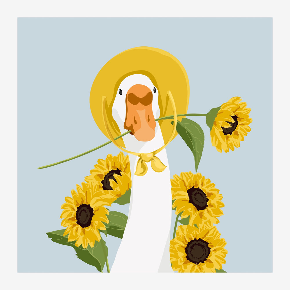 Portrait d'une femme aux cheveux jaune vif, vêtue de blanc, tenant et entourée de tournesols jaunes sur un fond bleu ciel.
