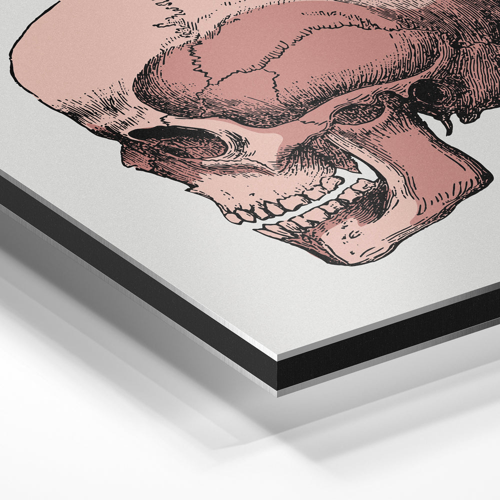 Gros plan de la matière : le tirage contrecollé sur aluminium Dibond mat, tranche visible.