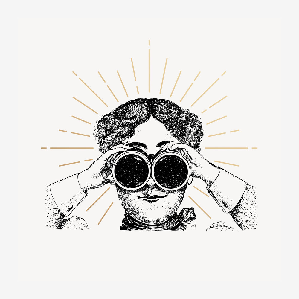 Illustration en noir et blanc d'une personne tenant des jumelles devant ses yeux, entourée de traits beige rayonnants, style.