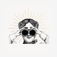 Illustration en noir et blanc d'une personne tenant des jumelles devant ses yeux, entourée de traits beige rayonnants, style.