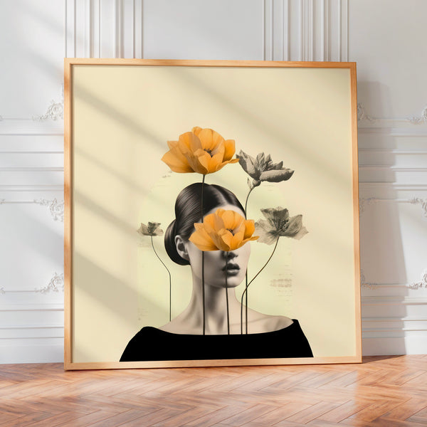 Portrait floral pop art beige, noir et or — Poster HP mat