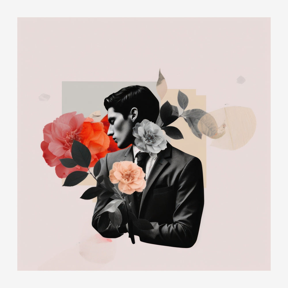 Collage pop-art : profil d'homme en noir et blanc entouré de fleurs en rouge et rose, avec formes géométriques beiges et.