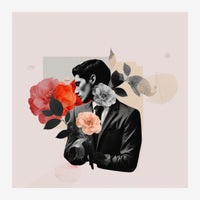 Collage pop-art : profil d'homme en noir et blanc entouré de fleurs en rouge et rose, avec formes géométriques beiges et.