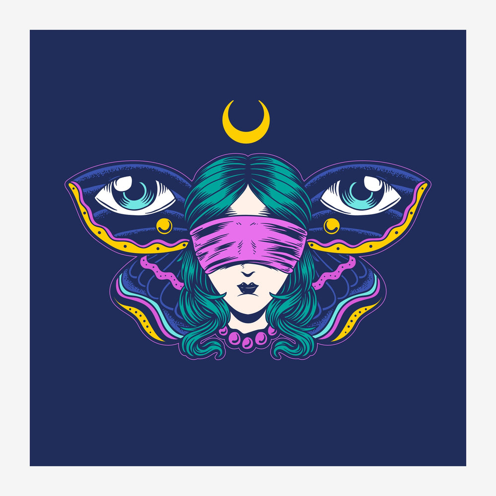 Portrait pop art d'une femme blindée portant un masque rose fuchsia, aux cheveux turquoise ondulés, encadré d'ailes.