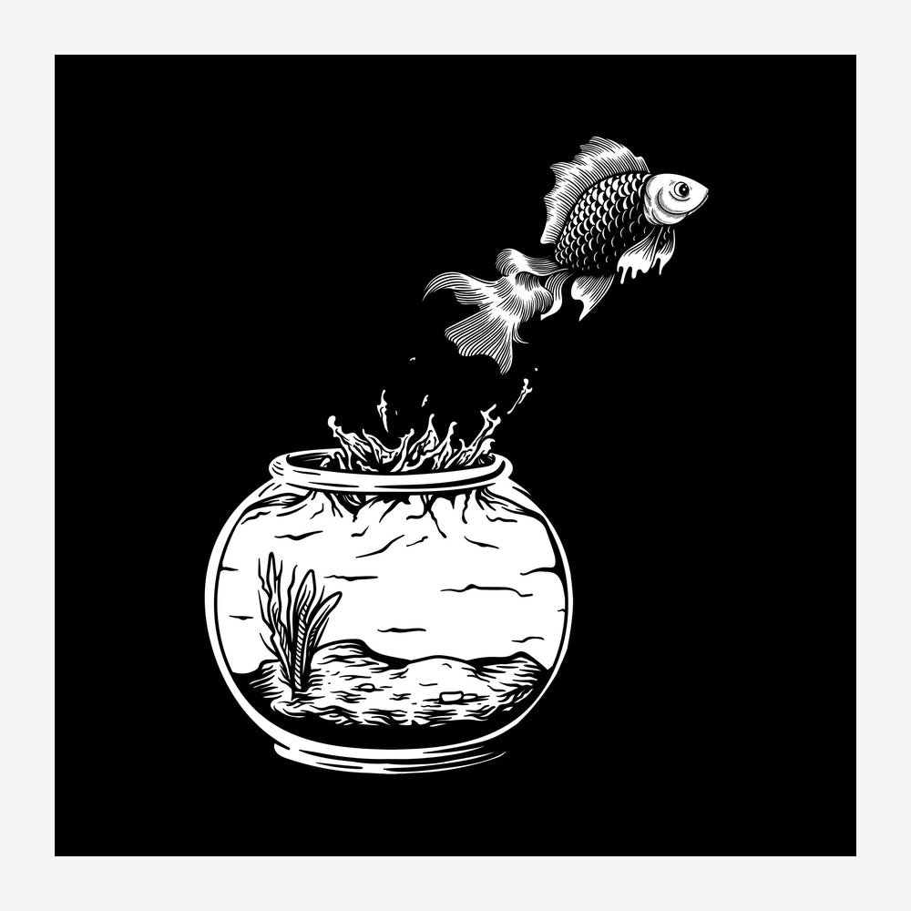 Dessin noir et blanc d'un poisson s'échappant d'un bocal rempli d'eau et de plantes aquatiques.