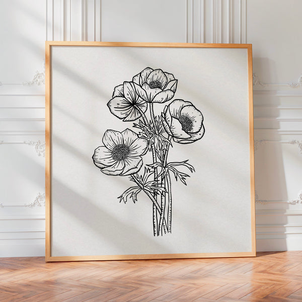 Fleurs anemone en line art noir et blanc — Poster HP mat