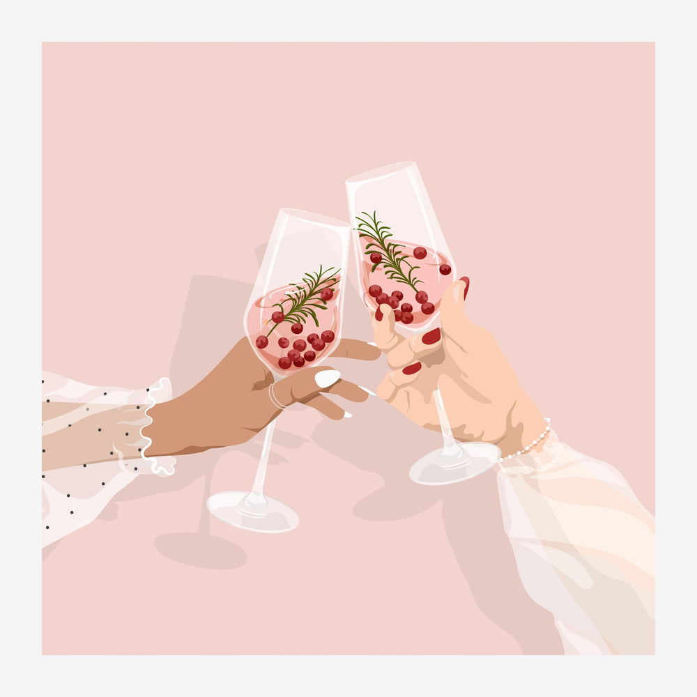 Deux mains levant des verres de cocktail garnis de groseilles rouges sur un fond rose poudré, dans un style illustration.