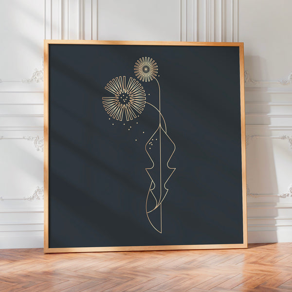 Fleur de pissenlit line art gris et doré — Poster HP mat