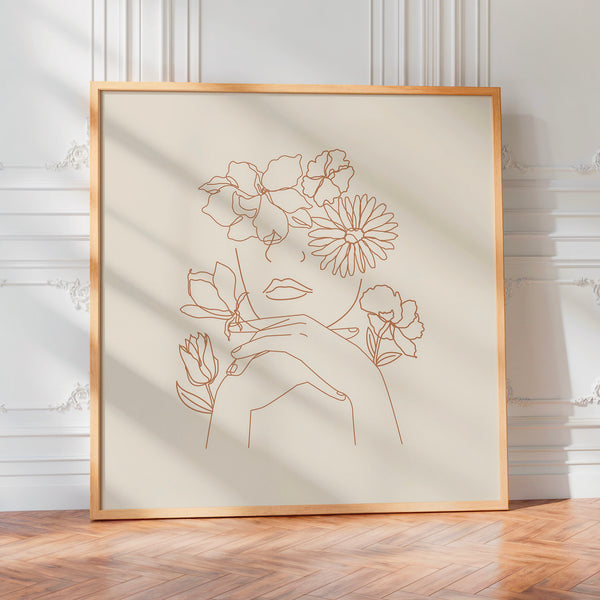 Visage fleuri en line art beige et terracotta — Poster HP mat