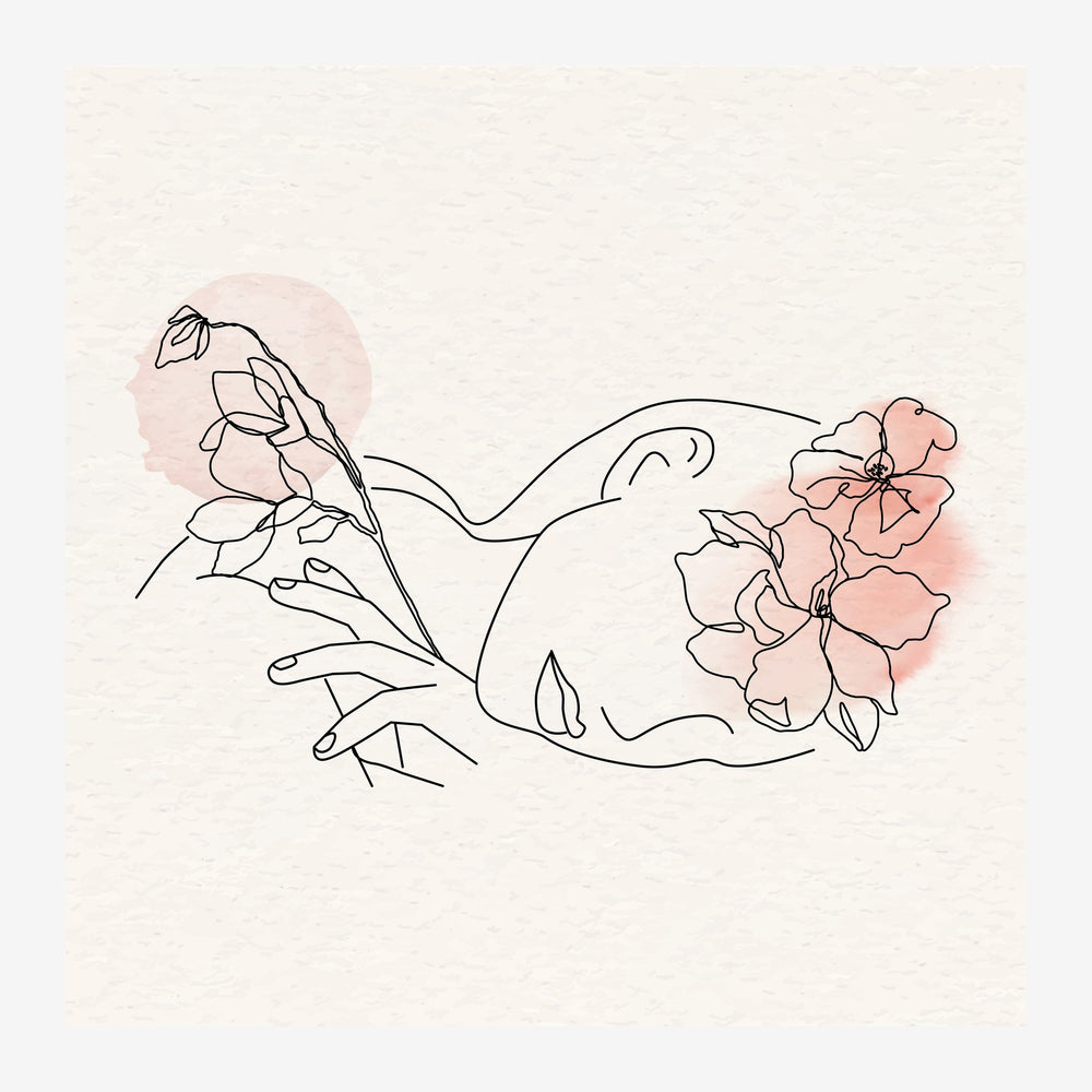 Deux mains stylisées en trait continu tenant des fleurs avec des pétales coloriés en rose pêche sur fond beige clair.
