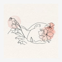Deux mains stylisées en trait continu tenant des fleurs avec des pétales coloriés en rose pêche sur fond beige clair.