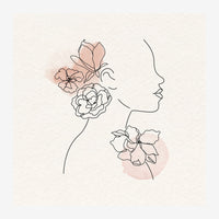 Profil féminin dessiné au trait continu en noir avec des fleurs stylisées sortant du cou et de la tête, rehaussées de.
