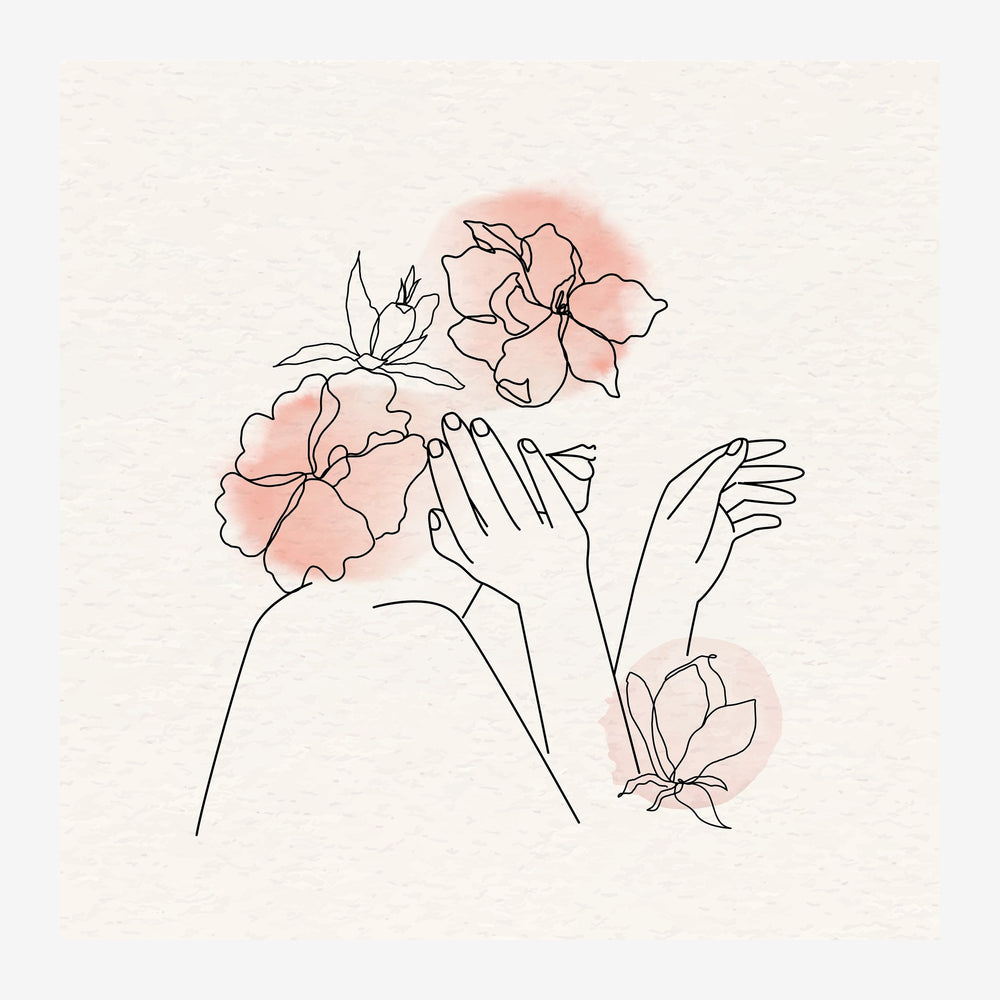 Portrait en line art d'une femme dont la tête est remplacée par des fleurs roses, accompagnée de deux mains épurées et de.