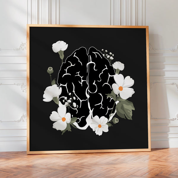 Cerveau et fleurs blanches, line art noir minimaliste — Poster HP mat