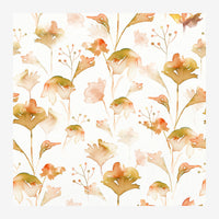 Composition botanique aquarellée présentant des fleurs stylisées et des tiges fines en nuances de beige, pêche et ocre sur.