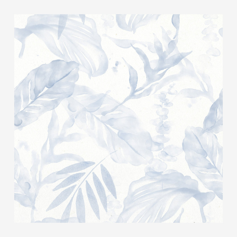 Composition botanique avec feuilles stylisées en bleu glacier et blanc, disposées librement sur fond blanc.