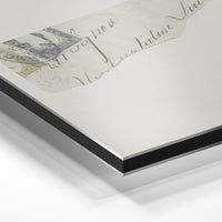 Gros plan de la matière : le tirage contrecollé sur aluminium Dibond mat, tranche visible.