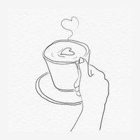 Dessin en trait fin montrant une main tenant une tasse de café avec un cœur qui s'élève au-dessus, sur fond blanc.