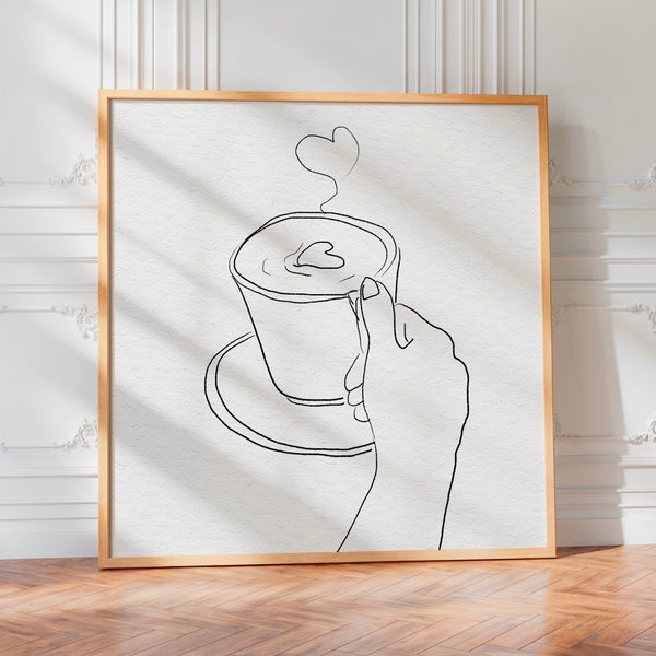 Tasse de café et cœur — Dessin line art noir et blanc — Poster HP mat