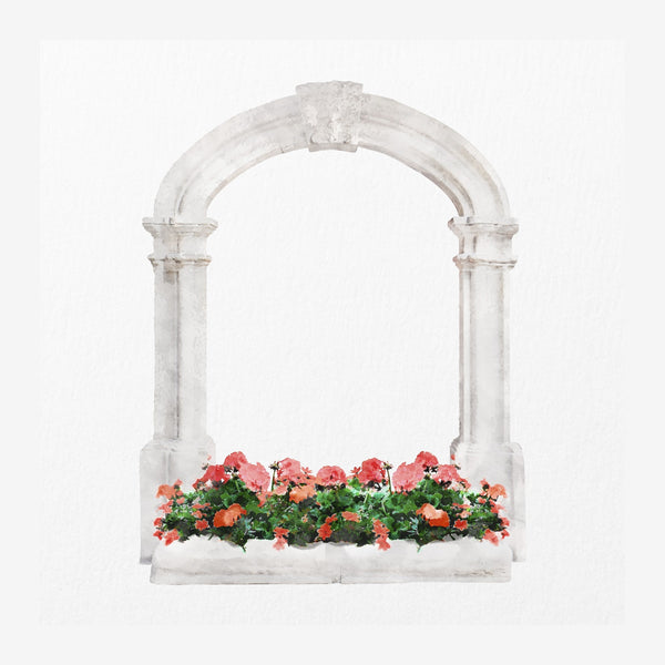 Arche architecturale blanche en marbre avec colonnes, couronnée d'un arc arrondi, ornée à sa base d'une composition florale.