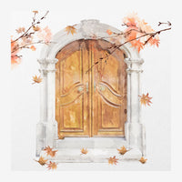 Illustration d'une porte en bois doré avec arche blanche, entourée de branches avec feuilles d'automne orangées et brunes.