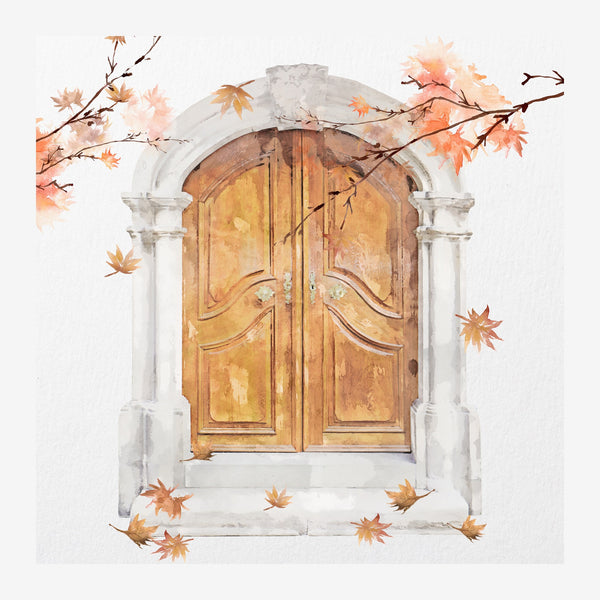 Illustration d'une porte en bois doré avec arche blanche, entourée de branches avec feuilles d'automne orangées et brunes.