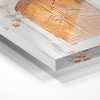 Gros plan de la matière : le tirage sous verre acrylique, tranche transparente visible.