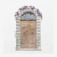 Illustration d'une porte de pierre classique à volets en bois, couronnée d'une arche avec un vitrail semi-circulaire.