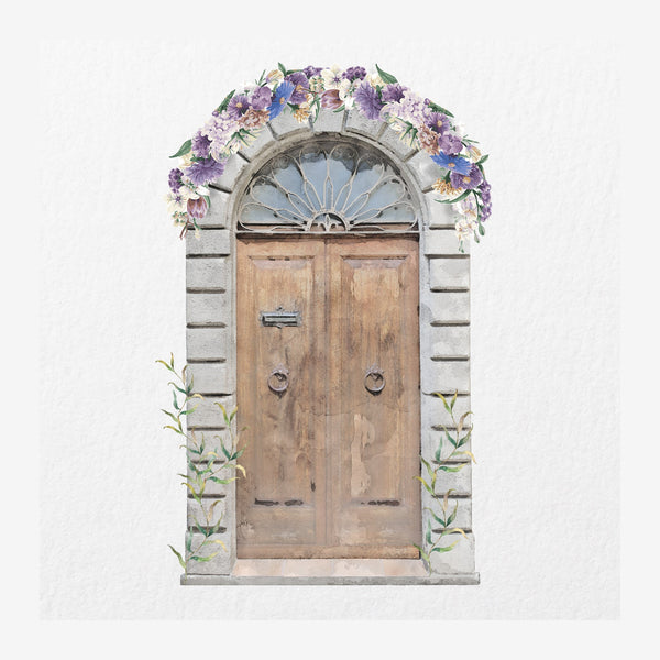Illustration d'une porte de pierre classique à volets en bois, couronnée d'une arche avec un vitrail semi-circulaire.