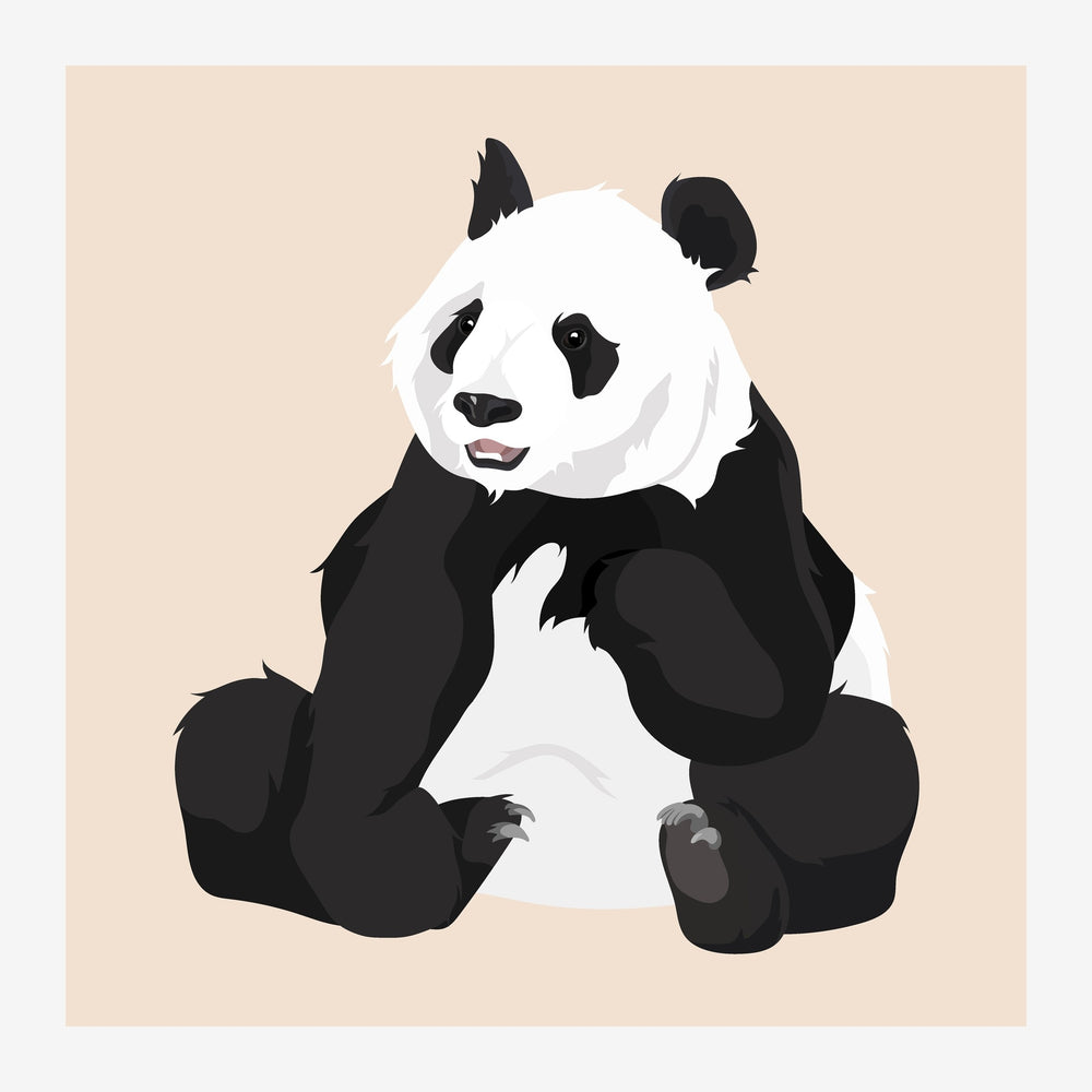 Illustration d'un panda assis, à corps noir et blanc, souriant sur un fond beige clair.