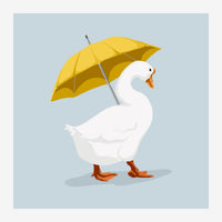 Illustration d'une oie blanche avec un bec orange tenant un parasol jaune sur un fond bleu ciel.