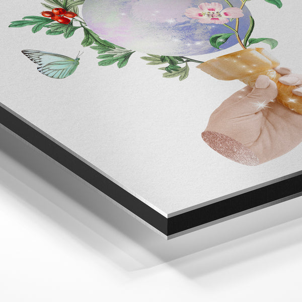 Monde fleuri en main avec papillons botanique — Aluminium Dibond