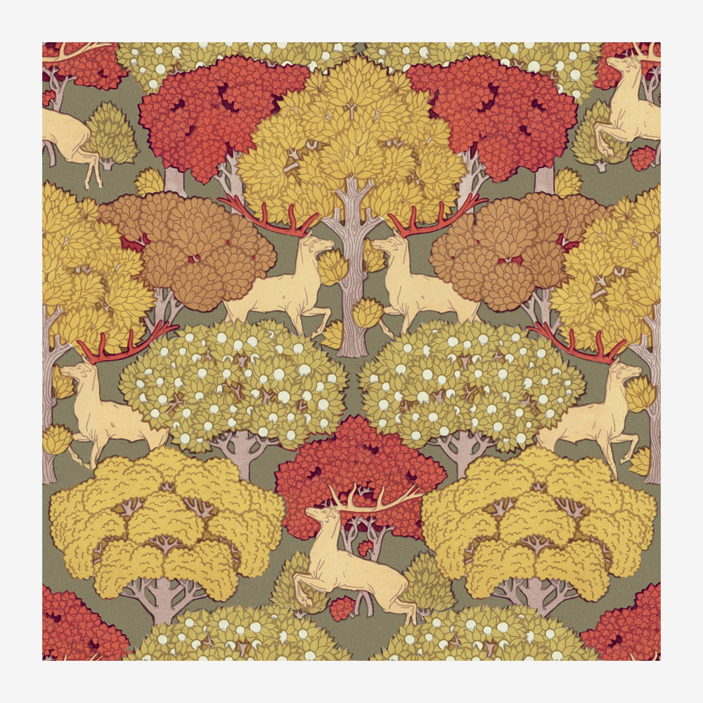 Motif symétrique représentant des cerfs et des biches dans une forêt stylisée aux arbres aux feuillages denses, dans une.