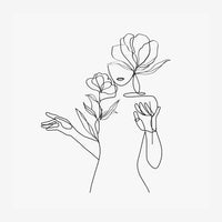 Dessin en trait continu montrant une silhouette de femme fusionnée avec deux fleurs stylisées sur un fond gris clair.