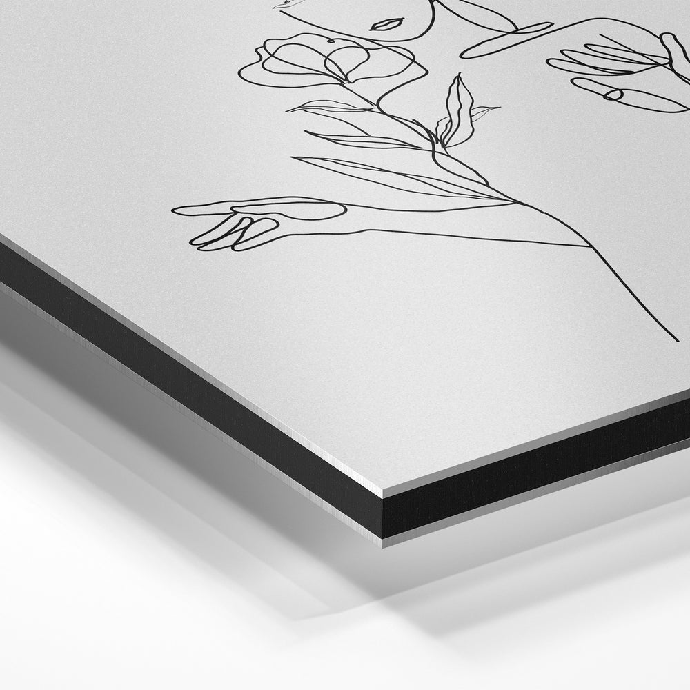 Gros plan de la matière : le tirage contrecollé sur aluminium Dibond mat, tranche visible.