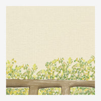 Affiche représentant des fleurs sauvages jaunes et vertes vues à travers une fenêtre, sur fond beige clair, au style.