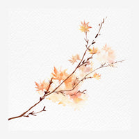Une branche fleurie avec des petites fleurs aux teintes pêche, ocre et rose dispersées le long d'une tige brune, sur fond.