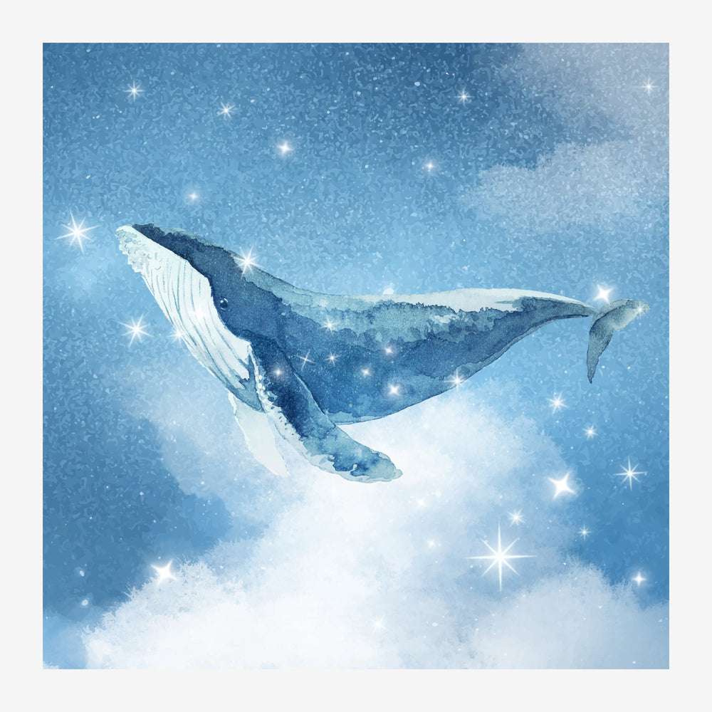 Une baleine bleue et blanche nage parmi des étoiles blanches scintillantes sur un fond bleu dégradé, donnant une atmosphère.
