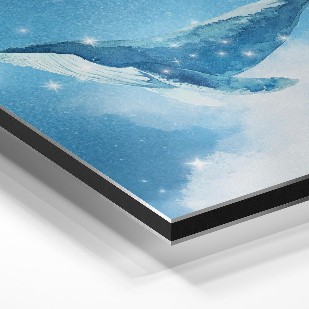 Gros plan de la matière : le tirage contrecollé sur aluminium Dibond mat, tranche visible.