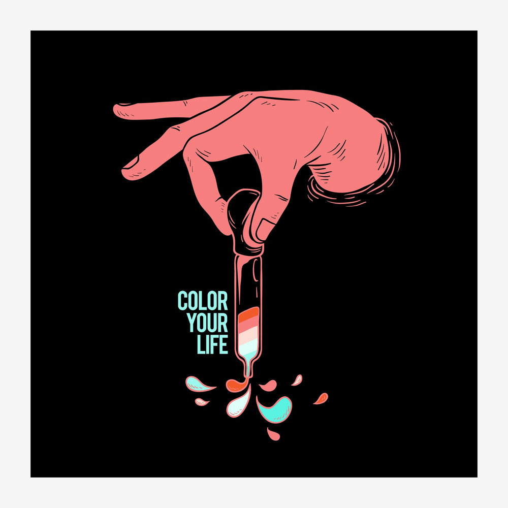 Affiche pop art montrant une main rose qui verse une goutte de peinture turquoise sur fond noir, avec le texte "Color Your.