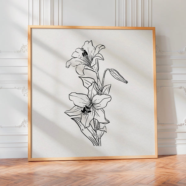 Lys en ligne - Fleur minimaliste noir et blanc — Poster HP mat