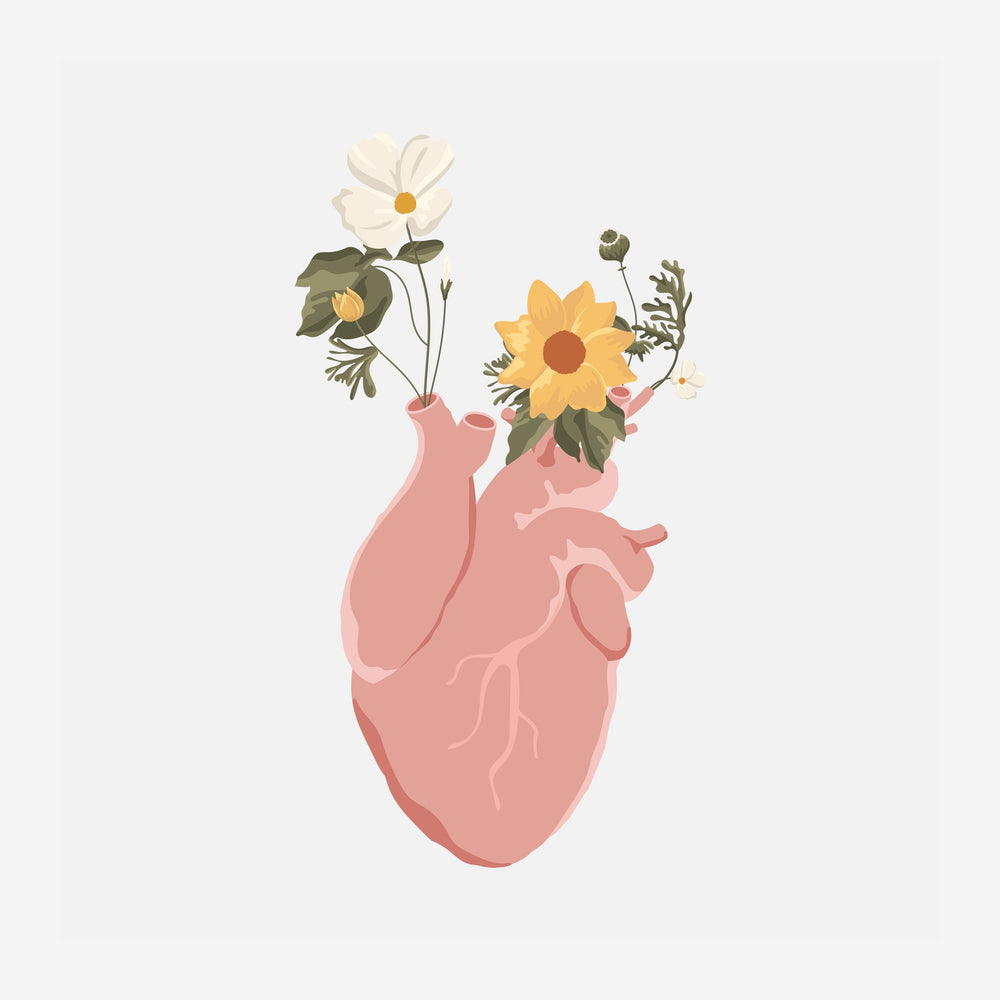 Illustration d'un cœur rose pale d'où émergent des fleurs fraîches : une daisy blanche, un tournesol jaune et des tiges.