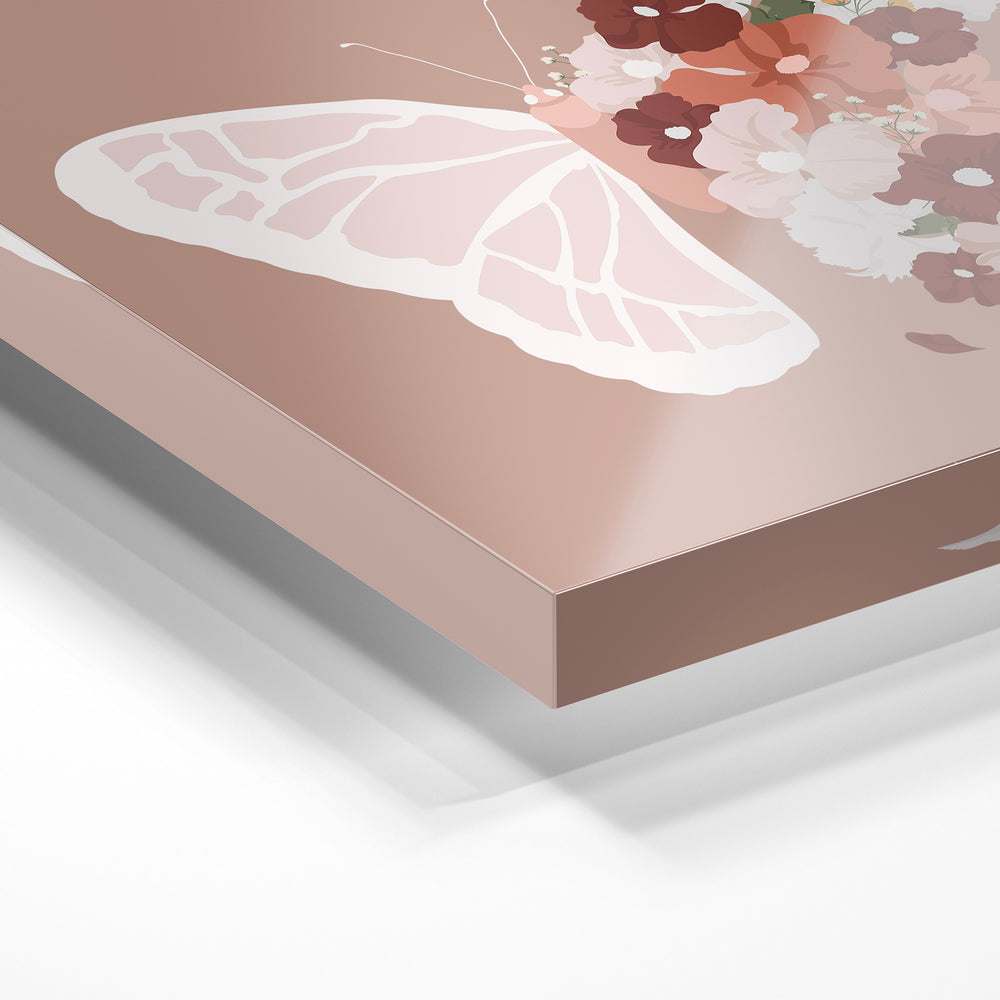 Gros plan de la matière : le tirage sous verre acrylique, tranche transparente visible.