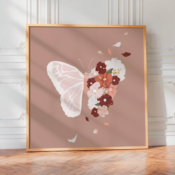 Papillon fleuri rose et terracotta bohème — Poster HP mat